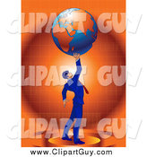 Clip Art of a Strong Successful Businessman in a Blue Suit Holding up Planet Earth over Orange by Tonis Pan