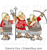Clip Art of a Trio of Roman Soldiers Armed with Bow & Arrow, Sword, and Spear by Djart