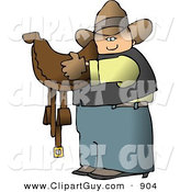 Clip Art of a White Cowboy Carrying a Brown Leather Horse Saddle by Djart