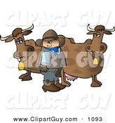 Clip Art of a White Cowboy Standing Beside Milk Cows with a Hot Branding Iron by Djart
