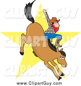 Clip Art of a White Male Cowboy Waving While Riding a Bucking Horse in a Bronco, a Yellow Star in the Background by Maria Bell
