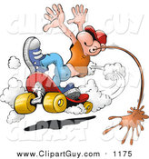 Clip Art of a White Man Doing a Skateboarding Stunt and Spitting Chewing Tobacco on the Ground by