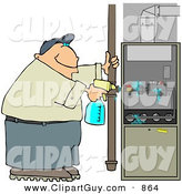 Clip Art of a White Man Spraying a Cleaning Solvent on a Standard Household Furnace by Djart
