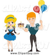 Clip Art of a White Pinup Man Holding a Birthday Cake and Balloons by BNP Design Studio