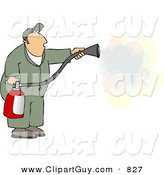 Clip Art of a White Repairman Spraying Fire Extinguisher on a Fire by Djart