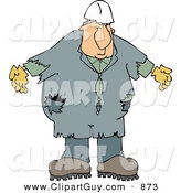 Clip Art of a Worker Man Wearing Old Coveralls and a White Hard Hat by Djart