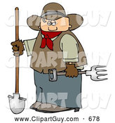 Clip Art of ABrown Cowboy Farmer Holding a Pitchfork & Shovel by Djart