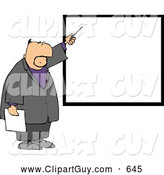 Clip Art of AFriendly Businessman Pointing at a Blank Board on a Wall by Djart