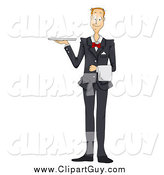 Clip Art of AFriendly Male Waiter in a Suit, Holding a Platter Tray by BNP Design Studio