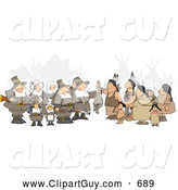 Clip Art of AGroup of Unpredictable Pilgrims Offering a Dead Turkey to Indians on Thanksgiving by Djart