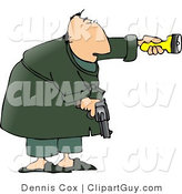 Clip Art of an Alert Man at Night, Pointing a Flashlight and Holding a Pistol for Protection by Djart
