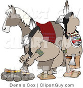 Clip Art of an Alert Pair of Native Americans Standing Beside a Campfire and Horse by Djart