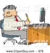 Clip Art of AWhite Business Man Filling out Paperwork at Wood Computer Desk in His Office by Djart