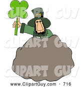 Clip Art of AWhite Leprechaun Standing Behind a Bolder with a Four Leaf Clover Leaf by Djart
