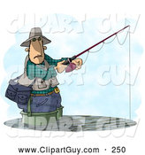Clip Art of AWhite Man Fishing in a Lake with a Standard Rod and Reel Fishing Pole by Djart
