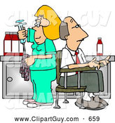 Clip Art of AWhite Nurse Cleaning Needle After Drawing Blood Samples from Male Patient - Medical Humor by Djart