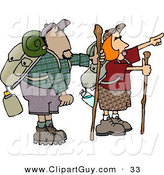 Clip Art of Caucasian Male and Female Hikers Hiking with Backpacks, Canteens, Sleeping Bags, and Walking Sticks by Djart