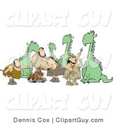 Clip Art of Dinosaurs and Cavemen Standing Together Around a Fire by Djart