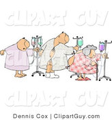 Clip Art of Ill Male and Female Hospital Patients Hooked up to IVs and Walking Around in a Hospital by Djart