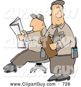 Clip Art of Two Male Security Guards Reading a Newspaper While Guarding Something by Djart