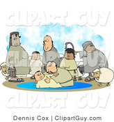 Clip Art of White Sheep and Family Watching Their Son Get Baptised by a Religious Christian Figure by Djart