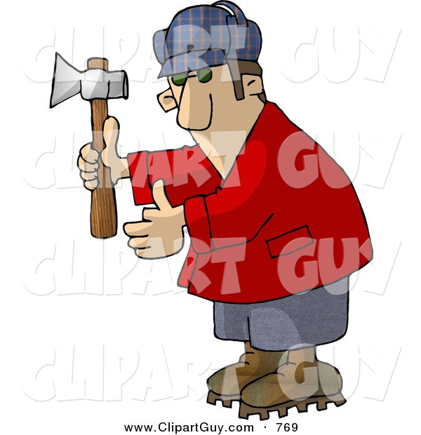 Clip Art of a Amateur Lumberjack Holding an Axe