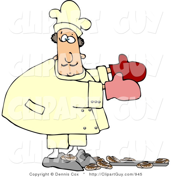 Clip Art of a Baker Accidentally Dropping a Baking Pan of Baked Cinnamon Rolls on the Floor