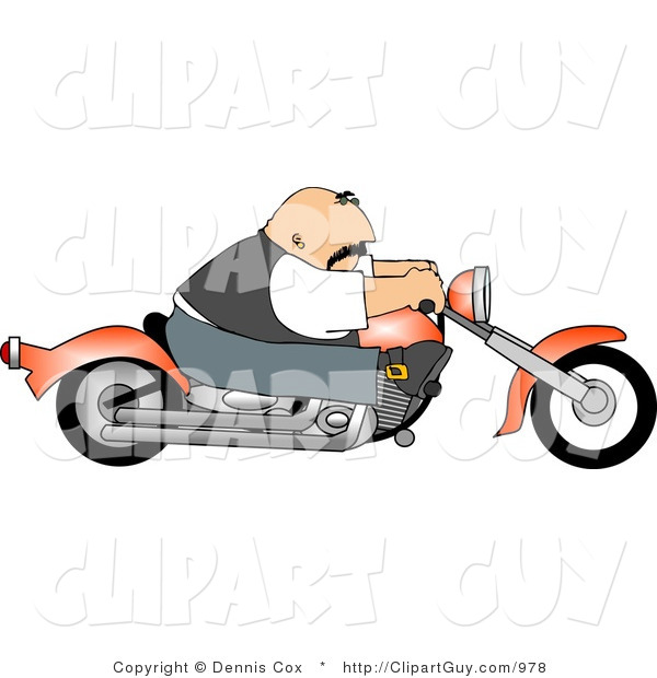 Clip Art of a Bald Male Biker Driving a Motorcycle to the Right