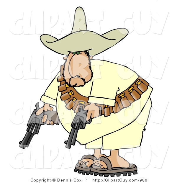 Clip Art of a Bandit Pointing His Two Pistols Towards the Ground