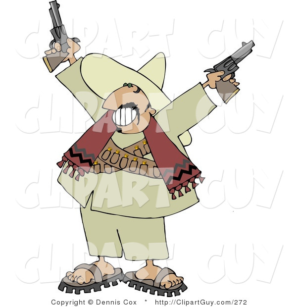 Clip Art of a Bandito Pointing Pistols in the Air with a Grin on His Face
