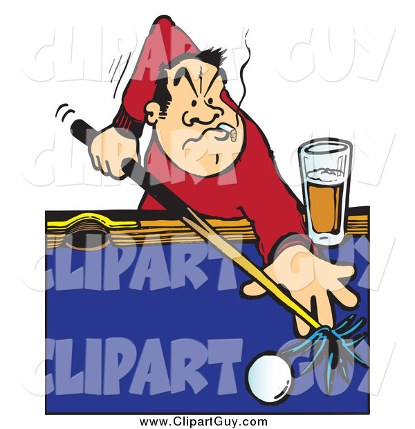 Clip Art of a Billiards Player Aiming a Cue Stick on a Pool Table, Smoking and Drinking