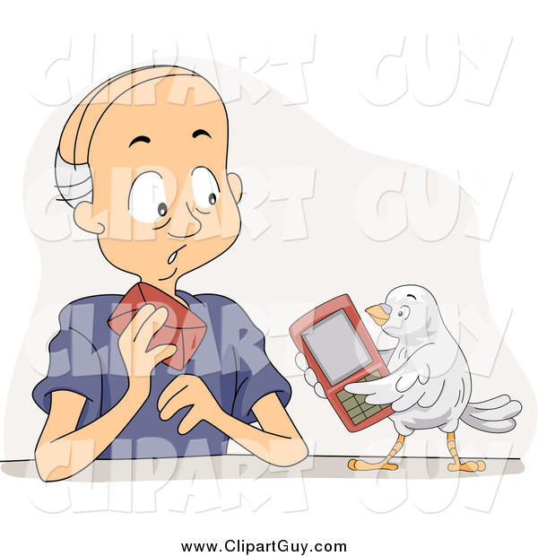 Clip Art of a Bird Offering His Cell Phone to a Senior White Man
