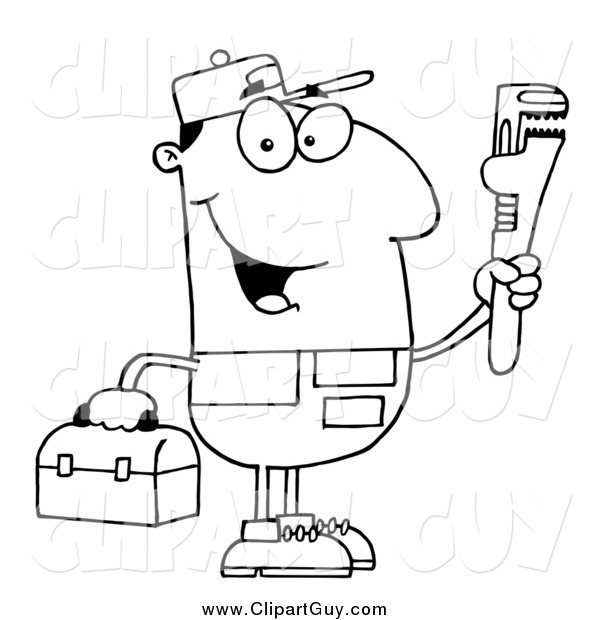 Clip Art of a Black and White Happy Male Plumber Holding a Toolbox and a Monkey Wrench
