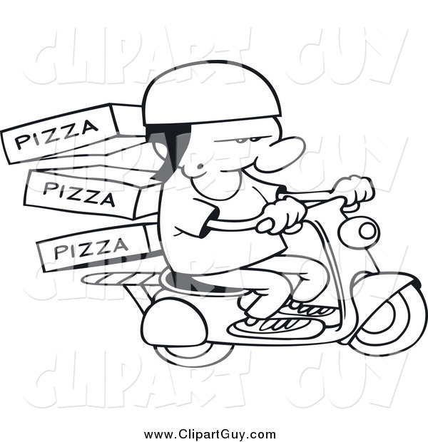Clip Art of a Black and White Pizza Delivery Boy on a Scooter