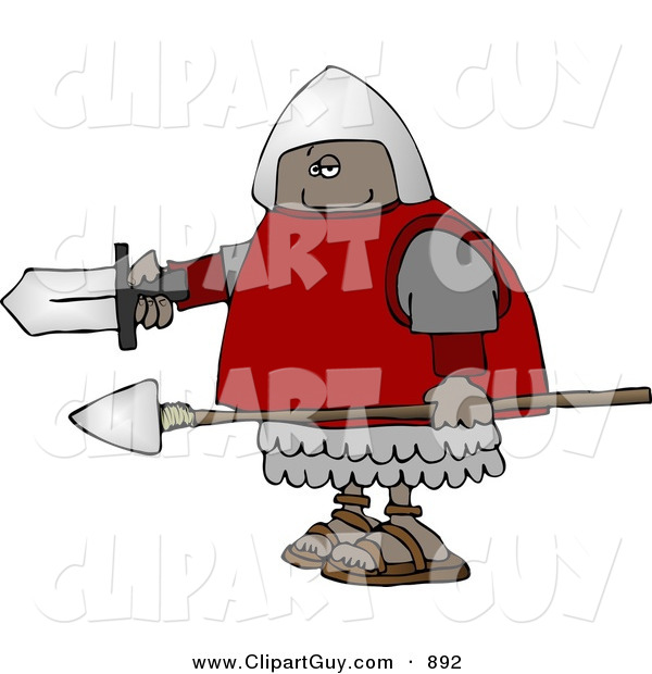 Clip Art of a Black Roman Soldier Armed with a Spear and Sword
