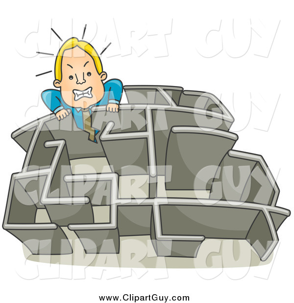 Clip Art of a Blond White Angry Businessman Climbing over a Wall in a Maze