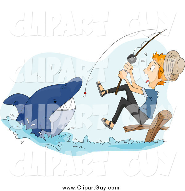Clip Art of a Blond White Man Reeling in a Shark While Fishing
