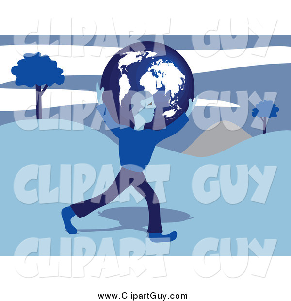 Clip Art of a Blue Man Carrying a Globe over Hills