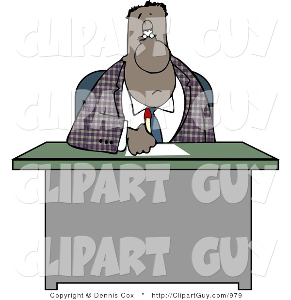 Clip Art of a Bored Black Businessman Writing on Papers at His Office Desk