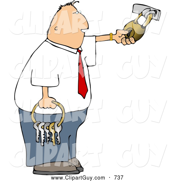 Clip Art of a Bored Businessman Holding a Ring of Keys and Unlocking a Padlock