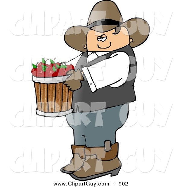Clip Art of a Bored Cowboy Farmer Carrying a Bucket of Freshly Picked Red Apples