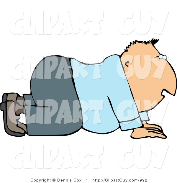 Clip Art of a Business Man on His Hands and Knees, Begging His Boss