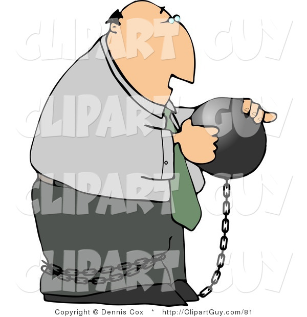 Clip Art of a Businessman Criminal Wearing a Ball and Chain and Looking at the Ball