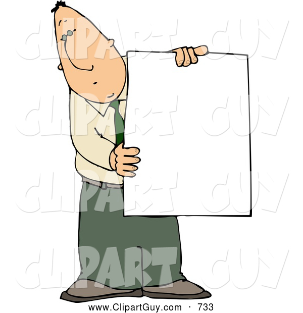 Clip Art of a Businessman Holding a Blank Poster Board Sign, on White