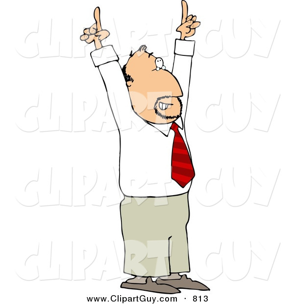 Clip Art of a Businessman Pointing Hands and Fingers up to the Ceiling