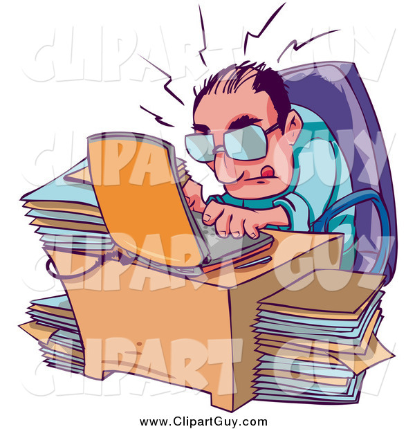 Clip Art of a Businessman Typing Away on His Laptop, Surrounded by Stacks of Files