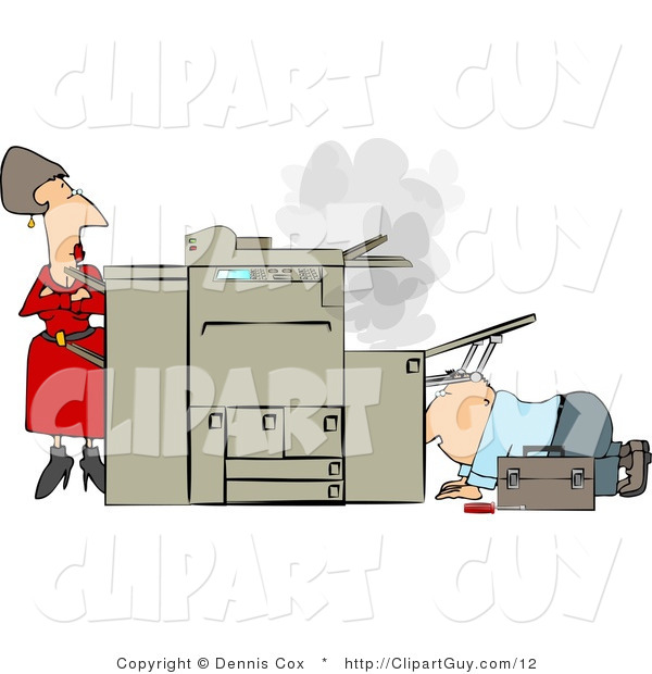Clip Art of a Businesswoman Watching a Handyman Fix Her Broken Photocopy Machine