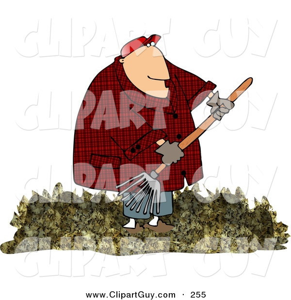 Clip Art of a Caring Obese Man Raking Dead Leaves from a Lawn