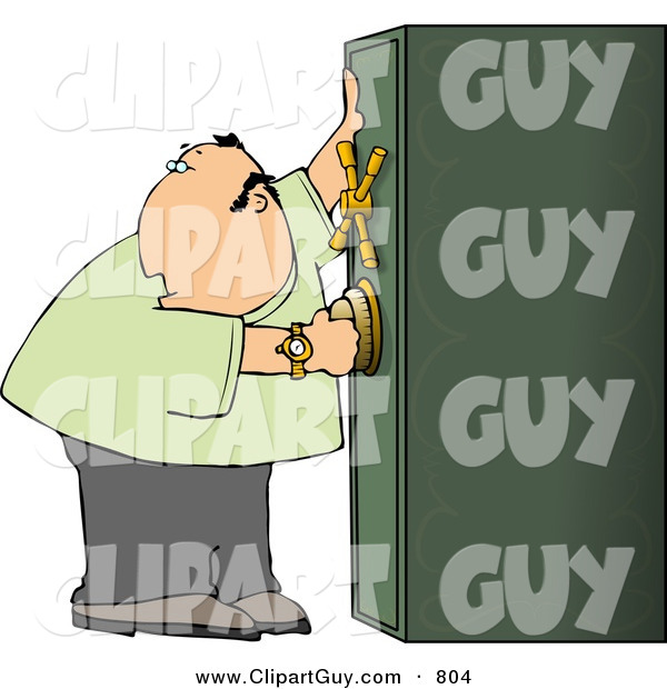 Clip Art of a Caucasian Alert Man Looking over His Shoulder Before Unlocking His Safe
