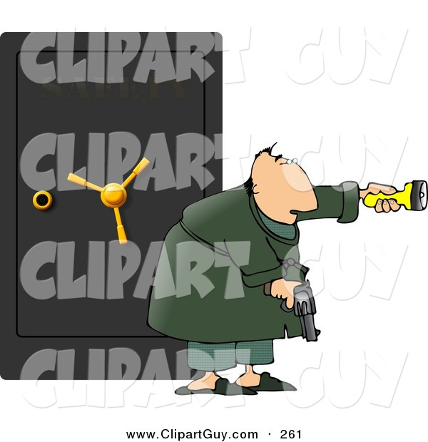 Clip Art of a Caucasian Armed Man Guarding a Safe Full of Family Jewels
